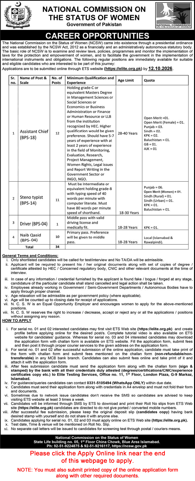 Steno Typist (BPS-14) &amp; others (als for women qouta)